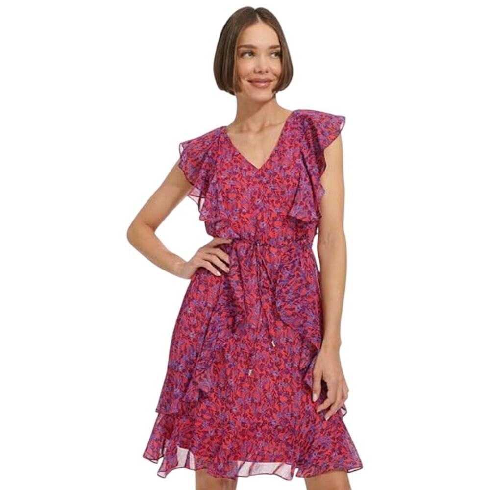 Tommy Hilfiger Women's Flutter Sleeve Midi Dress in Pink Blue Floral Print